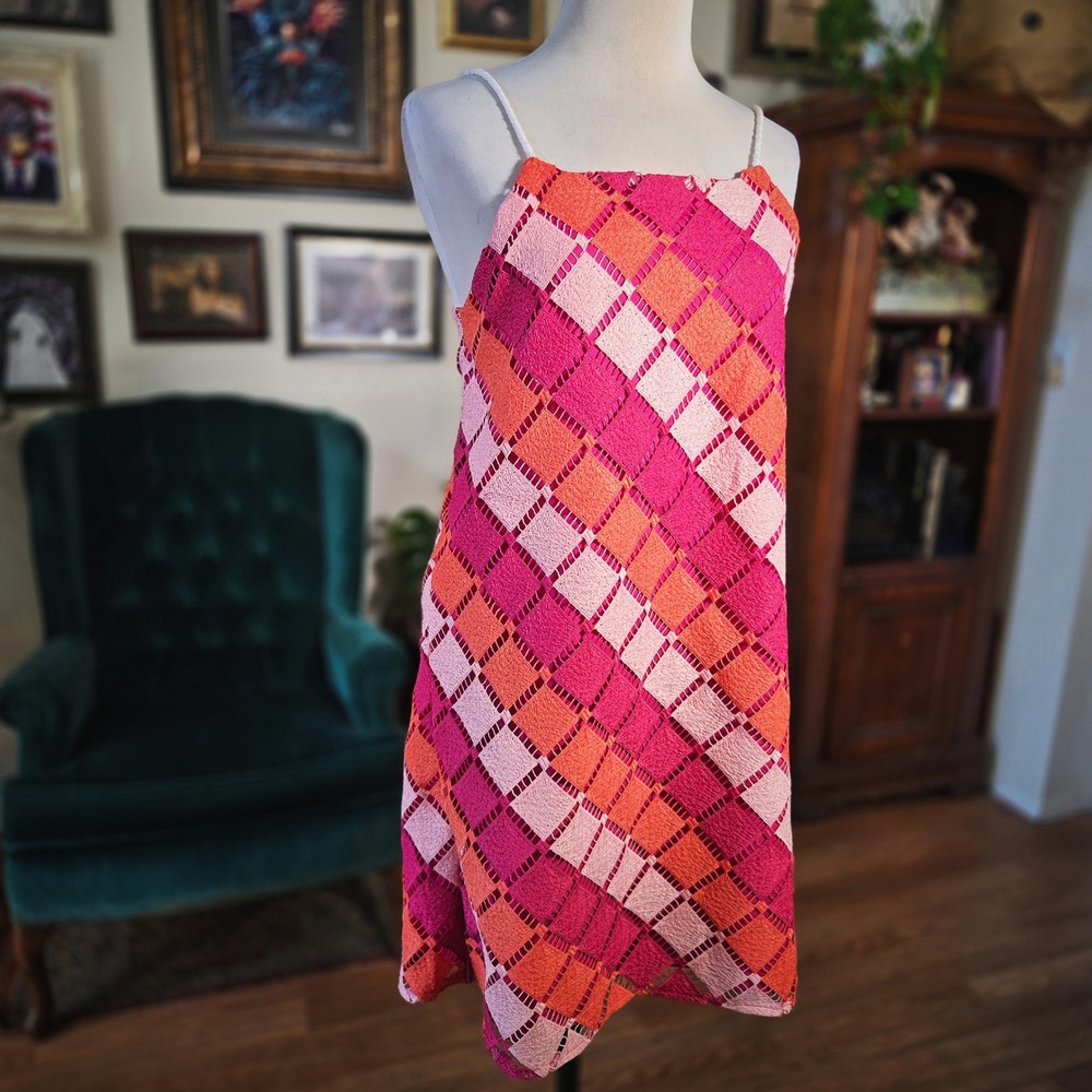 INC Ade Samuel Crochet Dress Womens Medium Pink Orange Geometric‎ Mini New Tags